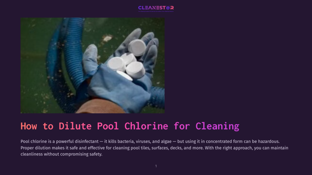 A Gloved Hand Holds A Pile Of White Pool Chlorine Tablets Over Murky Green Water, With A Blue Pool Vacuum Hose Visible.