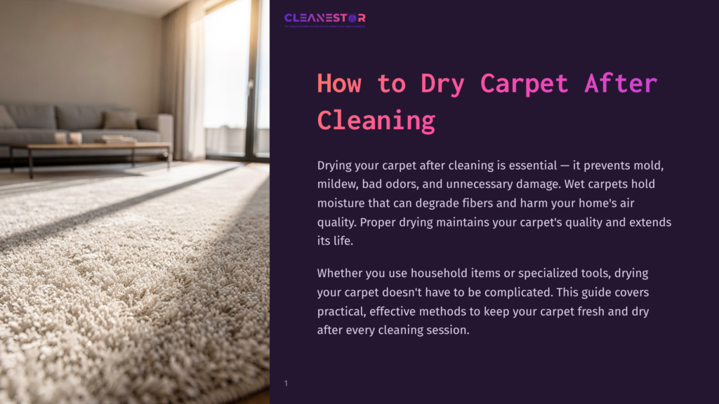 A Sunlit Living Room With A Plush, Cream-Colored Carpet In The Foreground, Leading To A Modern Sofa And Coffee Table In The Background. The Text &Quot;Cleanestor How To Dry Carpet After Cleaning&Quot; Is Visible.