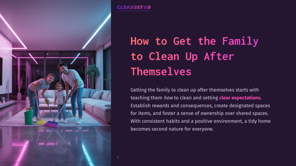 A Happy Family Of Three—A Father, Mother, And Young Daughter—Are Cleaning A Modern Living Room Together. The Father Is Mopping The Shiny Floor, The Mother Is Dusting A Shelf, And The Daughter Is Sweeping, All Smiling. The Room Has A Chic, Contemporary Design With Sleek Furniture And Ambient Lighting.