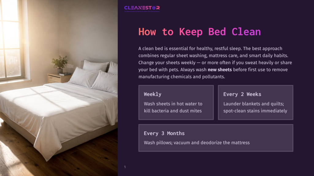 Sunlight Streams Through A Large Window, Illuminating A Neatly Made Bed With White Sheets In A Bedroom. The Text Overlay Reads: &Quot;Cleanestor: How To Keep Bed Clean&Quot;.