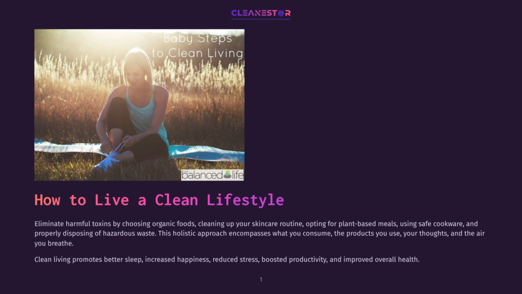 A Woman Sits On A Yoga Mat In A Field Of Tall, Golden Grass At Sunset, Tying Her Shoe. The Text &Quot;Baby Steps To Clean Living&Quot; And &Quot;Balanced Life&Quot; Is Visible.