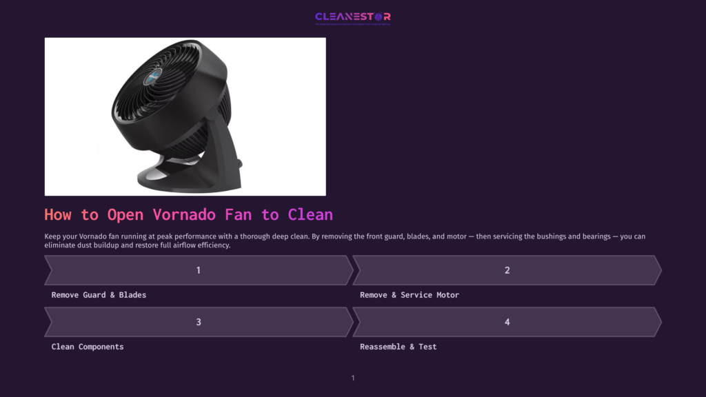 How To Open Vornado Fan To Clean: A Vornado Fan Is Shown, With Text Overlaying The Image Detailing The Steps: Remove Guard &Amp; Blades, Remove &Amp; Service Motor, Clean Components, Reassemble &Amp; Test.