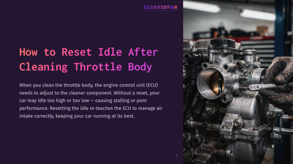1 How To Reset Idle After Cleaning Throttle Body Mechanic'S Gloved Hands Work On A Throttle Body, With Text &Quot;Cleanestor&Quot; And &Quot;How To Reset Idle After Cleaning Throttle Body&Quot; Visible.