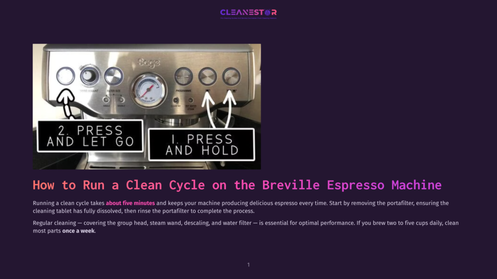 1 How To Run A Clean Cycle On The Breville Espresso Machine Breville Espresso Machine With A Cleaning Cycle In Progress, Displaying &Quot;1. Press And Hold&Quot; And &Quot;2. Press And Let Go&Quot; Text Overlays.