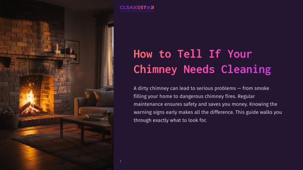 1 How To Tell If Your Chimney Needs Cleaning A Cozy Living Room Scene Features A Roaring Fireplace With A Warm Fire, A Brick Chimney, And A Wooden Mantelpiece. The Text &Quot;How To Tell If Your Chimney Needs Cleaning&Quot; Is Prominently Displayed.