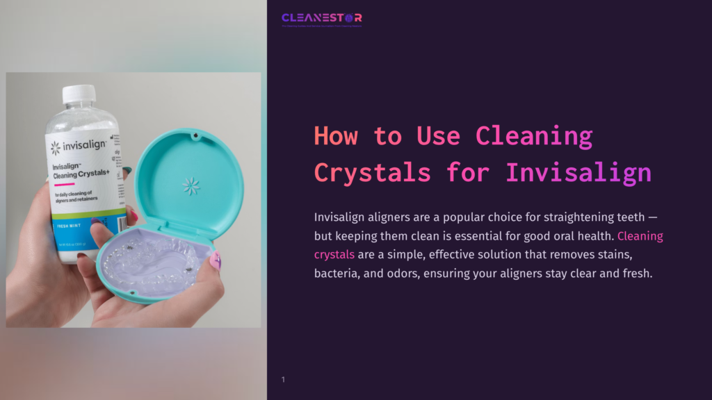 A Hand Holds A Bottle Of Invisalign Cleaning Crystals And An Open Invisalign Aligner Case Filled With Clear Aligners, Ready For Cleaning.