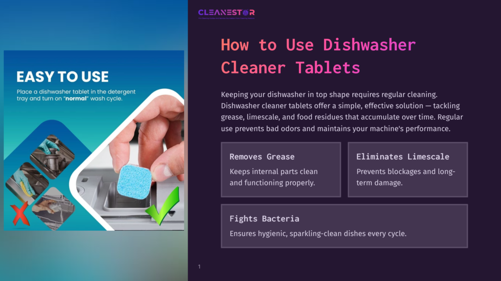 1 How To Use Dishwasher Cleaner Tablets Close-Up Of A Hand Placing A Blue Dishwasher Cleaner Tablet Into A Dishwasher Detergent Tray. Text Overlay Reads &Quot;Easy To Use&Quot;.