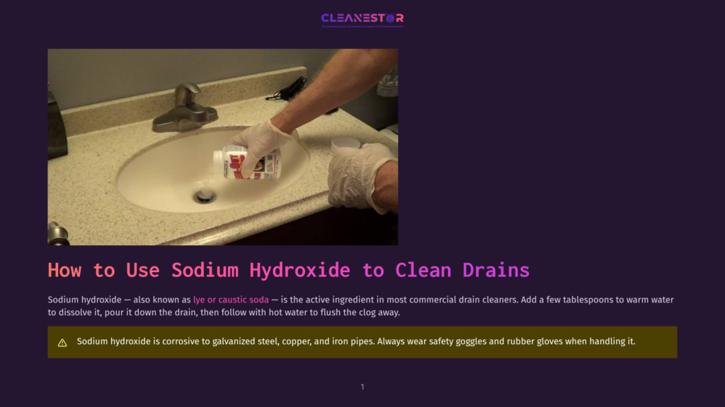 A Person Wearing White Gloves Pours A White Liquid From A Bottle Into A Bathroom Sink, Demonstrating How To Use Sodium Hydroxide To Clean Drains.