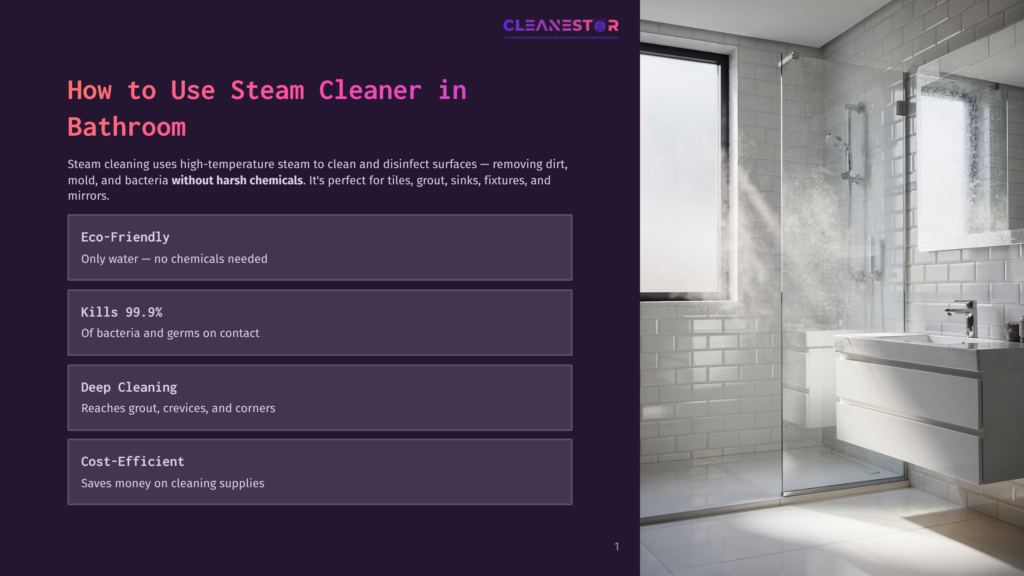 A Modern, Clean Bathroom With A Glass-Enclosed Shower, White Vanity, And A Large Window Letting In Natural Light. The Image Includes Text About Using A Steam Cleaner For Bathroom Cleaning And Disinfection.