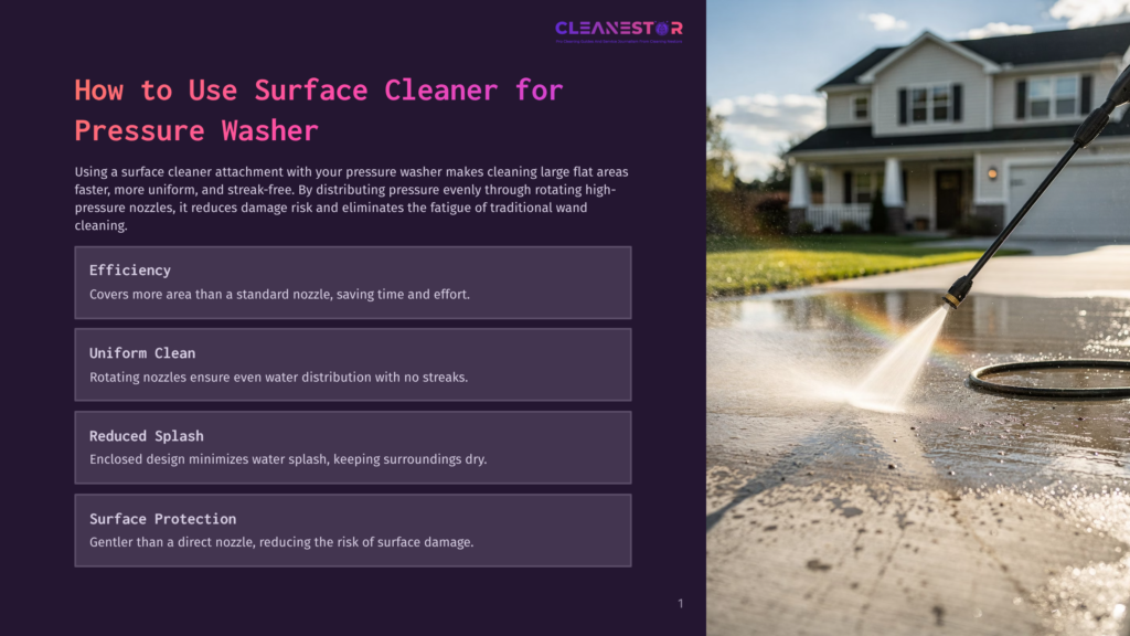 A Pressure Washer Surface Cleaner Attachment Sprays Water In A Rainbow Arc Onto A Concrete Driveway, Cleaning A Large Flat Area In Front Of A Suburban House.