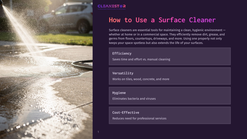 1 How To Use A Surface Cleaner A High-Pressure Washer Sprays Water Onto A Wet Concrete Surface, Cleaning A Driveway Or Patio. The Cleanestor Logo Is Visible At The Top.