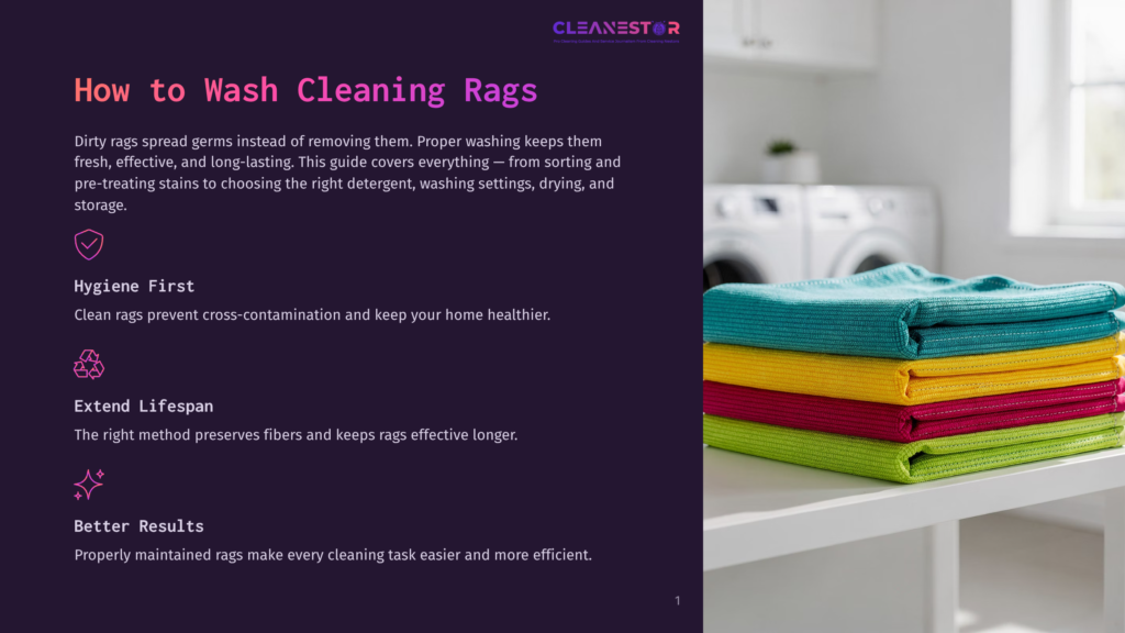 1 How To Wash Cleaning Rags Stack Of Colorful Microfiber Cleaning Cloths: Teal, Yellow, Magenta, And Green, Neatly Folded On A White Surface With A Blurred Background Of A Laundry Room And Washing Machine.