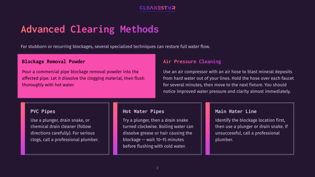 Diagram Outlining Advanced Clearing Methods For Stubborn Blockages, Including &Quot;Blockage Removal Powder,&Quot; &Quot;Air Pressure Cleaning,&Quot; &Quot;Pvc Pipes,&Quot; &Quot;Hot Water Pipes,&Quot; And &Quot;Main Water Line&Quot; Solutions.