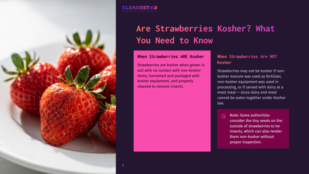 2 Are Strawberries Kosher What You Need To Know Close-Up Of Ripe, Red Strawberries On A White Plate, With Text Overlay Asking &Quot;Are Strawberries Kosher? What You Need To Know.