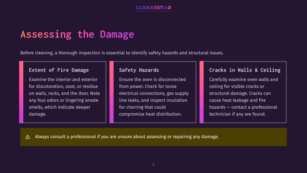 Graphic With Text: &Quot;Assessing The Damage&Quot; On A Dark Purple Background. Three Boxes Detail Fire Damage, Safety Hazards, And Cracks In Walls And Ceilings, With A Yellow Banner At The Bottom Advising Consultation With A Professional.