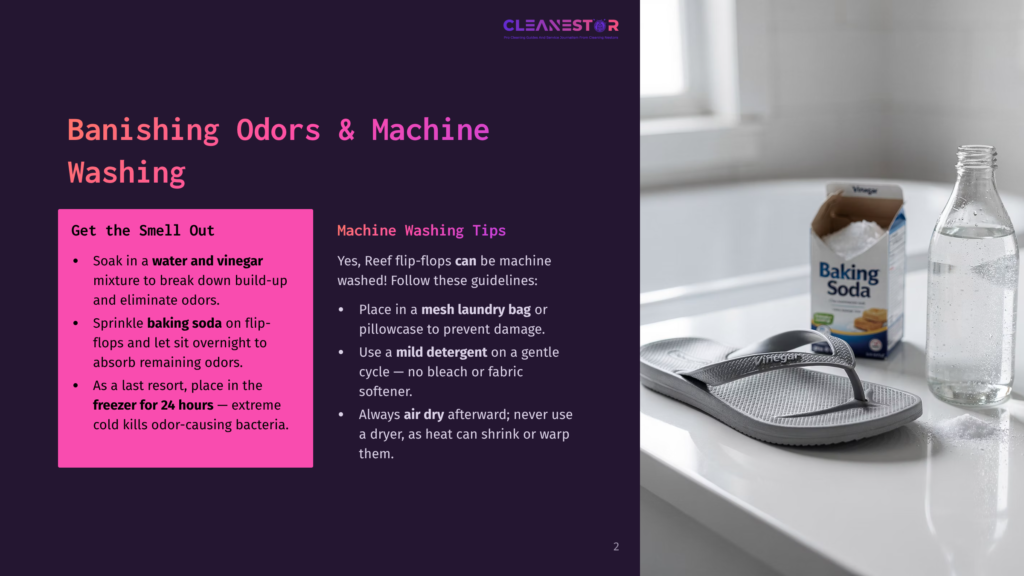 A Flip-Flop Sits Next To A Box Of Baking Soda And A Bottle Of Vinegar On A White Bathtub Ledge, With Text Overlay About Banishing Odors And Machine Washing Tips.