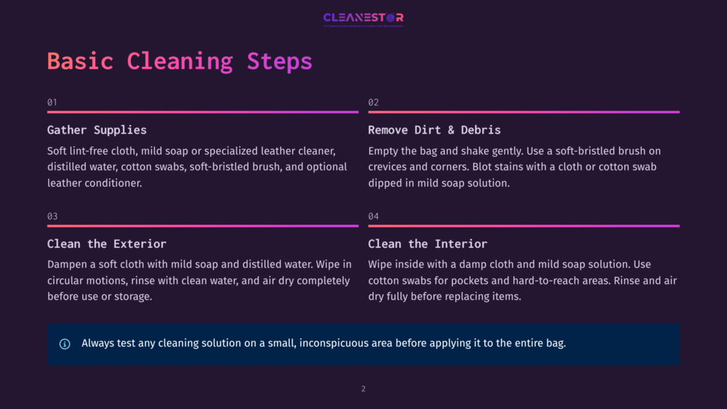 2 Basic Cleaning Steps Cleanestor Logo Above A Dark Purple Background With A Graphic Detailing Basic Cleaning Steps For A Bag: Gather Supplies, Remove Dirt &Amp; Debris, Clean The Exterior, Clean The Interior. Text Provides Instructions For Cleaning Leather And Fabric.