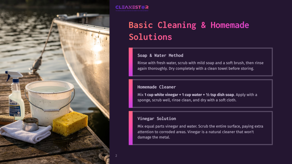 Cleanestor Logo And Text &Quot;Basic Cleaning &Amp; Homemade Solutions&Quot; With Cleaning Supplies: Spray Bottle, Bucket Of Soapy Water, Yellow Sponge, And Cloth Next To A Boat On A Wooden Dock.