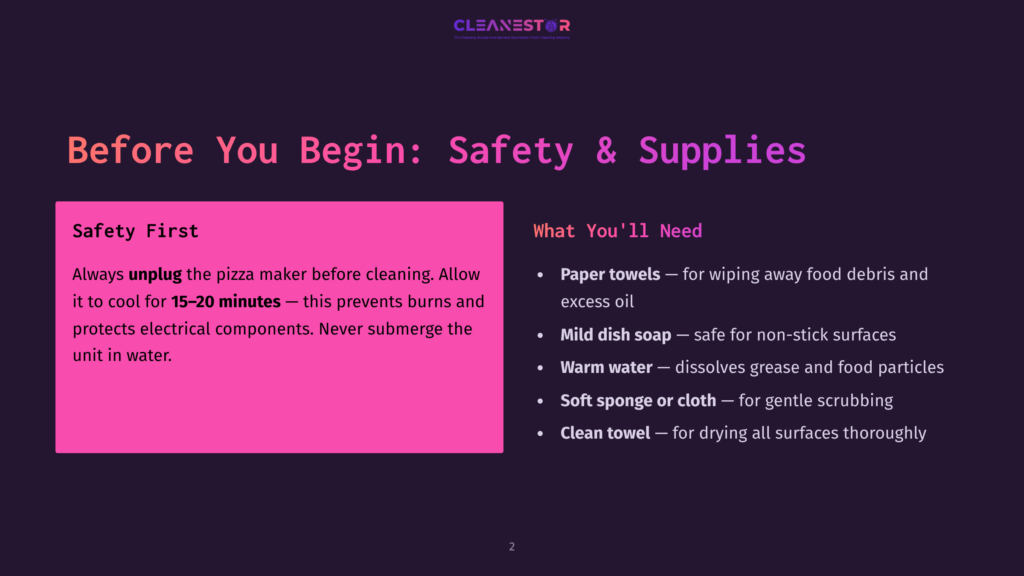 2 Before You Begin Safety And Supplies Presentation Slide Titled &Quot;Before You Begin: Safety &Amp; Supplies&Quot; With Sections &Quot;Safety First&Quot; And &Quot;What You'Ll Need&Quot;. Safety Tips Include Unplugging And Cooling The Pizza Maker For 15-20 Minutes. Supplies List Paper Towels, Mild Dish Soap, Warm Water, And A Clean Towel.