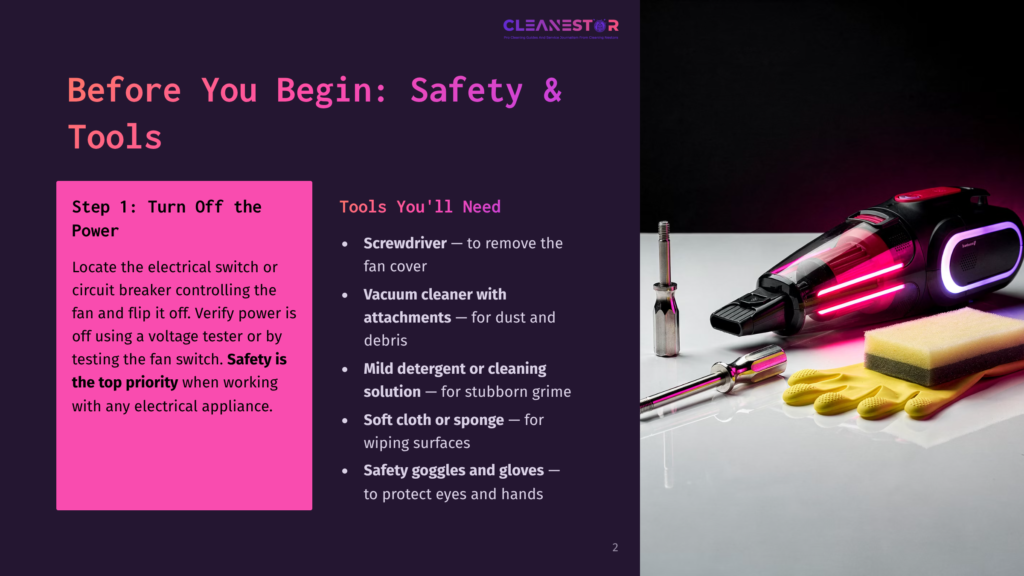 A Red And Black Handheld Vacuum Cleaner With A Pink Light Sits Next To A Yellow Sponge And Yellow Rubber Gloves On A White Surface. Text On The Left Reads &Quot;Before You Begin: Safety &Amp; Tools&Quot; And &Quot;Step 1: Turn Off The Power.