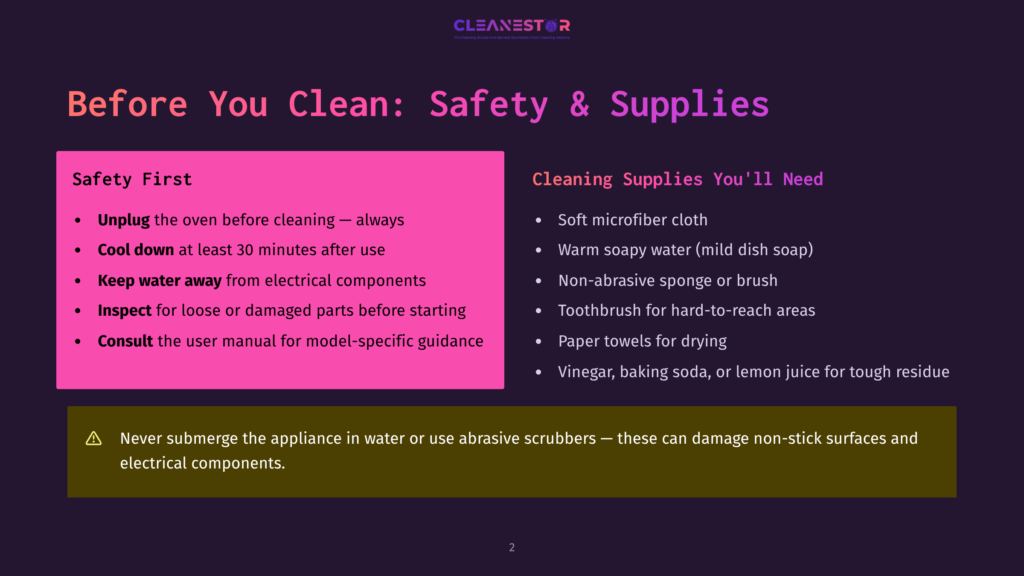 A Dark Purple Slide Titled &Quot;Before You Clean: Safety &Amp; Supplies&Quot; Lists Safety Precautions Like Unplugging The Oven And Keeping Water Away From Electrical Components, And Cleaning Supplies Including Microfiber Cloths And Vinegar.