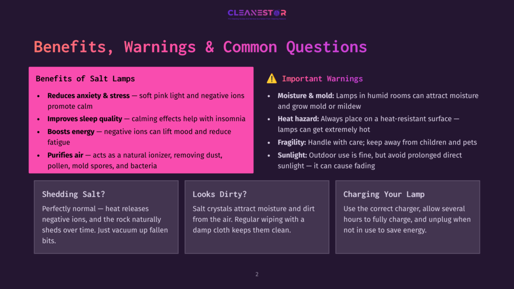A Presentation Slide Titled &Quot;Benefits, Warnings &Amp; Common Questions&Quot; For Cleanestor Salt Lamps, Detailing Benefits Like Reduced Anxiety And Improved Sleep, And Warnings About Moisture And Fragility.