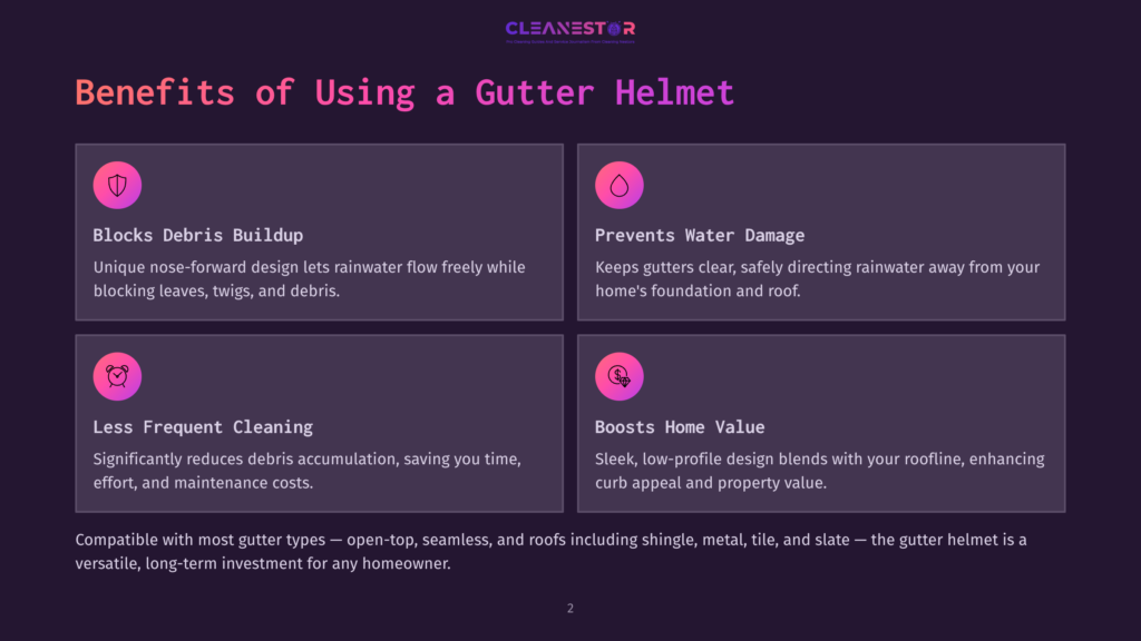 Infographic Detailing The Benefits Of Using A Gutter Helmet: Blocks Debris, Prevents Water Damage, Less Frequent Cleaning, And Boosts Home Value. Features Icons For Each Benefit.