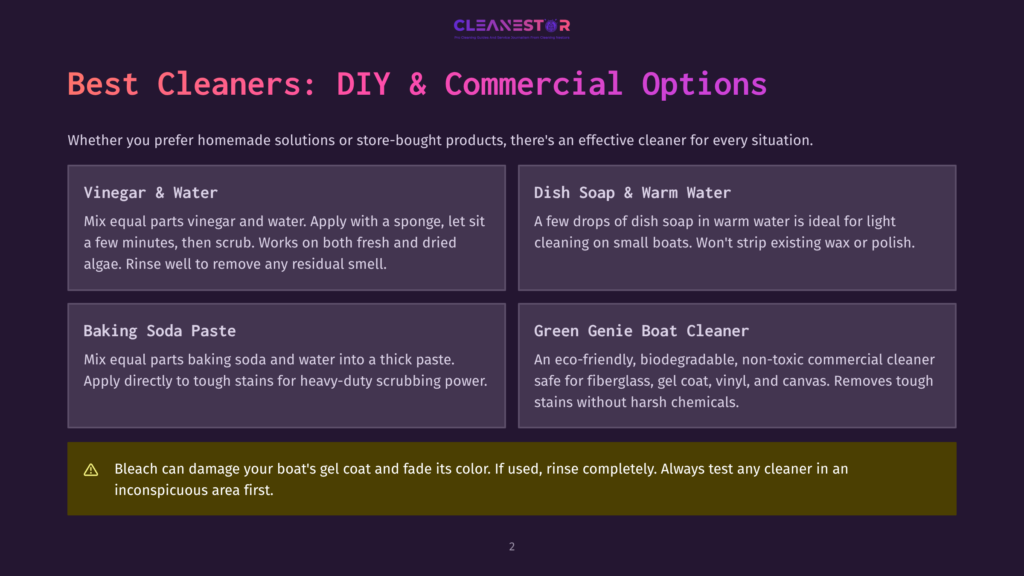 Infographic Titled &Quot;Best Cleaners: Diy &Amp; Commercial Options&Quot; Detailing Boat Cleaning Solutions Like Vinegar And Water, Baking Soda Paste, Dish Soap, And Eco-Friendly Green Genie Boat Cleaner.