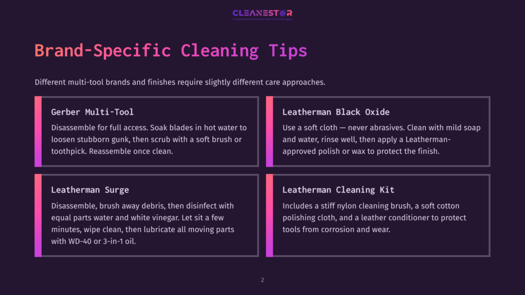 2 Brand Specific Cleaning Tips Brand-Specific Cleaning Tips For Gerber Multi-Tool And Leatherman Tools, Including Cleaning A Leatherman Black Oxide Finish And A Leatherman Surge.