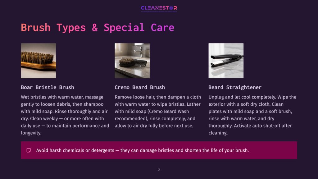 Close-Up Of Three Grooming Tools: A Boar Bristle Brush, A Cremo Beard Wash Brush, And A Beard Straightener, With Descriptive Text About Each.