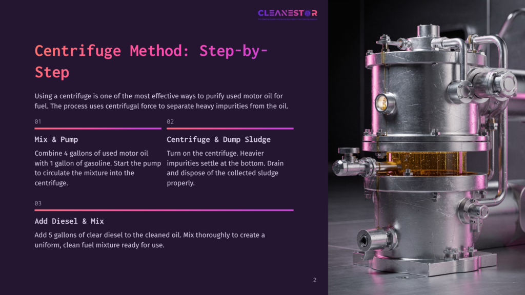 Centrifuge Method For Cleaning Used Motor Oil: A Step-By-Step Guide With Text Overlay And A Close-Up Of A Large Industrial Centrifuge Machine.