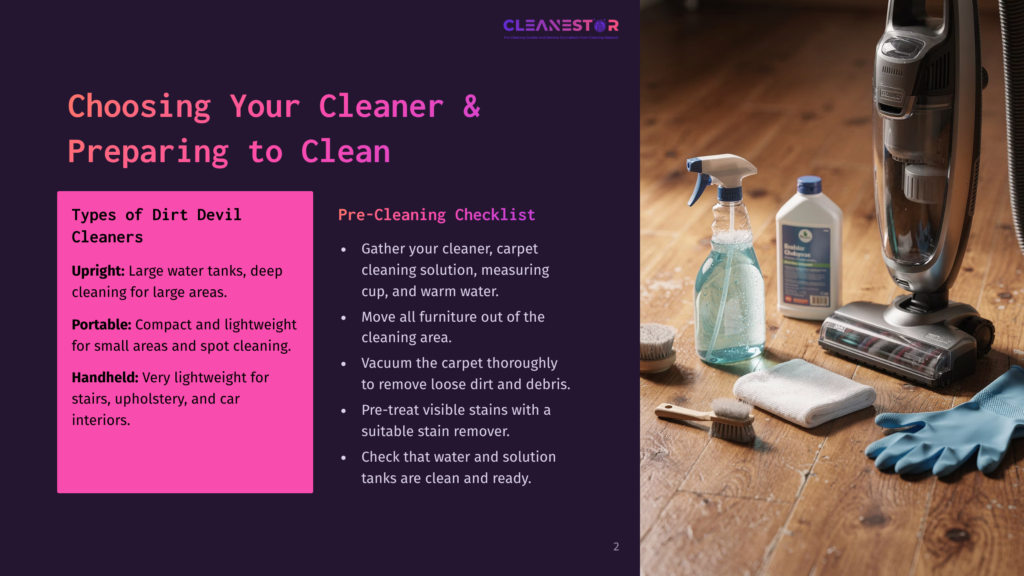 A Dirt Devil Cleaner Is Shown With Cleaning Supplies Including A Spray Bottle And Cleaner On A Wooden Floor.