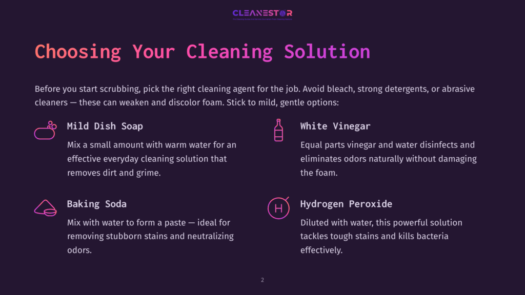 2 Choosing Your Cleaning Solution Choosing Your Cleaning Solution: Mild Dish Soap, White Vinegar, Baking Soda, And Hydrogen Peroxide Are Presented With Icons And Descriptions For Effective, Gentle Cleaning.