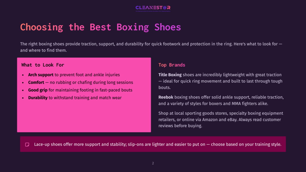 Cleanestor Logo With Text &Quot;Pro Cleaning Service And Information System For Cleaning Business&Quot;. The Text &Quot;Choosing The Best Boxing Shoes&Quot; Is Displayed Prominently In Large Purple Font.