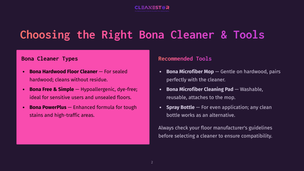 Choosing The Right Bona Cleaner &Amp; Tools: Bona Cleaner Types Including Hardwood Floor Cleaner, Free &Amp; Simple, And Powerplus. Recommended Tools Include Microfiber Mop And Cleaning Pad, And Spray Bottle.