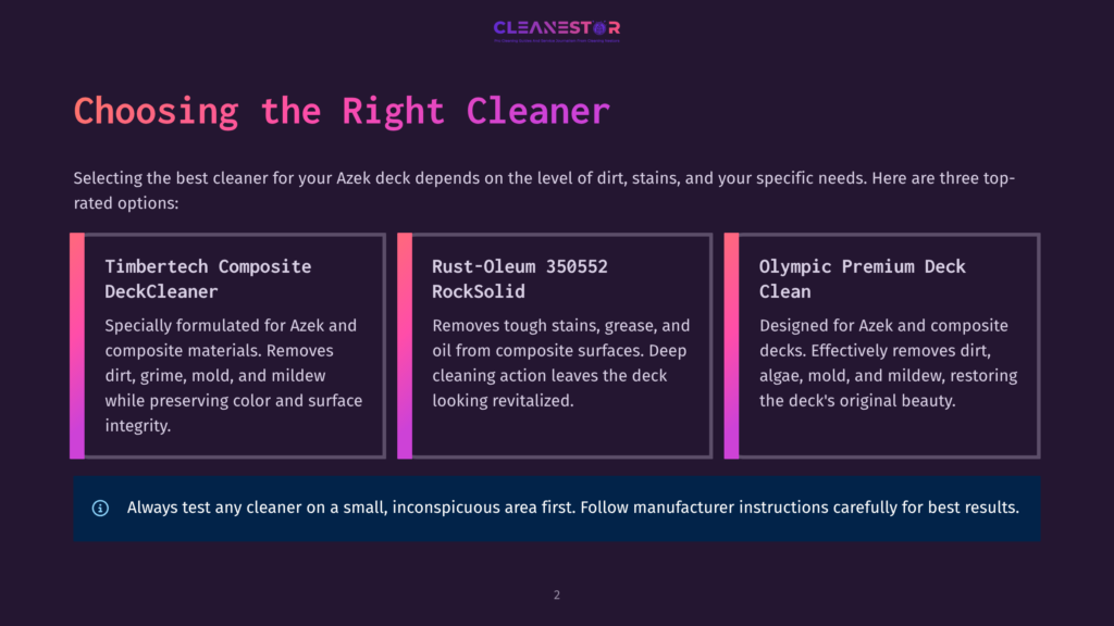 Three Product Cards Titled &Quot;Timbertech Composite Deckcleaner&Quot;, &Quot;Rust-Oleum 35052 Rocksolid&Quot;, And &Quot;Olympic Premium Deck Clean&Quot; Are Displayed On A Dark Purple Background, Offering Cleaning Solutions For Decks.