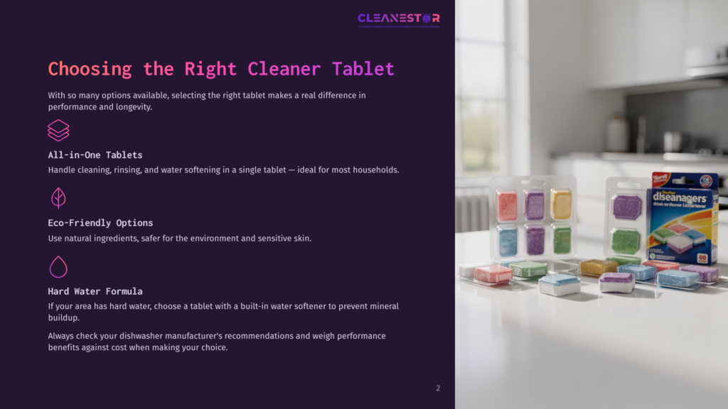 2 Choosing The Right Cleaner Tablet Dishwasher Cleaner Tablets In Colorful Packaging And Loose On A White Countertop, With Text &Quot;Cleanestor&Quot; And &Quot;Disenagers&Quot;.
