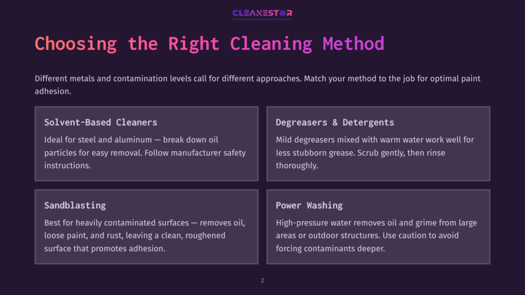 An Infographic Titled &Quot;Choosing The Right Cleaning Method&Quot; Displays Various Cleaning Methods With Descriptions. Solvent-Based Cleaners Are Ideal For Steel And Aluminum. Degreasers And Detergents Work Well For Less Stubborn Grease. Sandblasting Is Best For Heavily Contaminated Surfaces, Removing Oil, Loose Paint, And Rust. Power Washing Removes Oil And Grime From Large Areas Or Outdoor Structures.