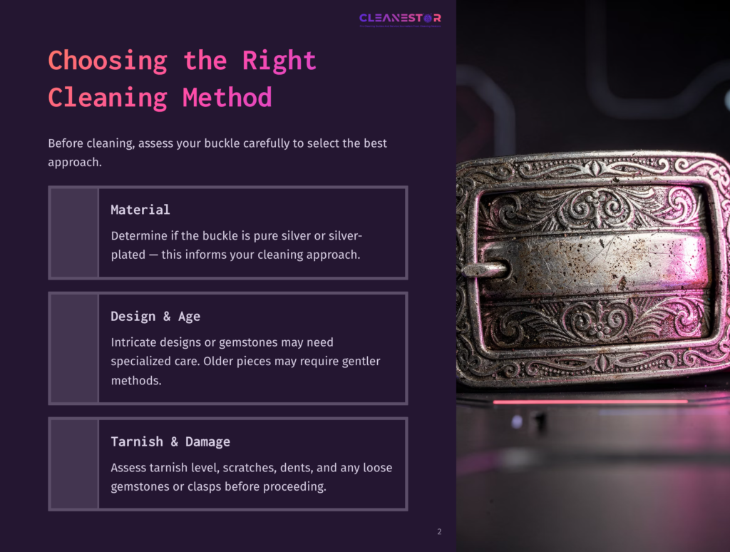 Close-Up Of A Tarnished, Ornate Silver Buckle With Intricate Scrollwork And A Central Blank Plaque, Set Against A Dark, Blurred Background. Text Overlay Reads &Quot;Cleanestor&Quot; And &Quot;Choosing The Right Cleaning Method.