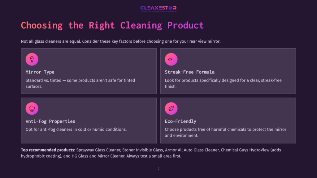 Choosing The Right Cleaning Product: A Graphic Displaying Four Key Factors For Selecting Rear View Mirror Cleaners: Mirror Type, Streak-Free Formula, Anti-Fog Properties, And Eco-Friendly. Includes Product Recommendations.