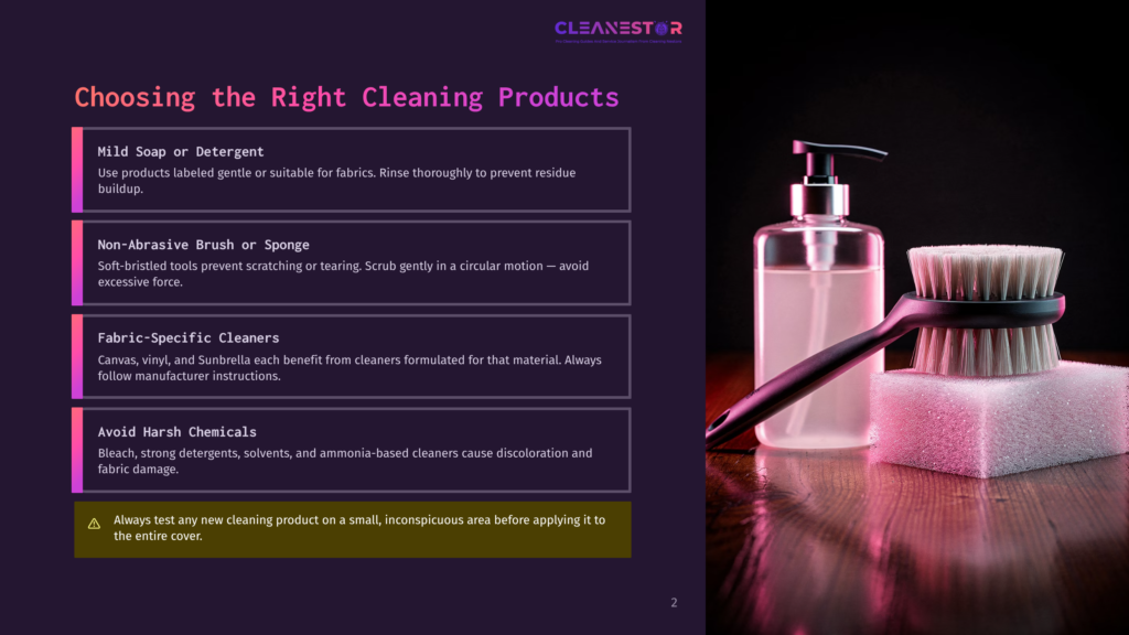 A Cleaning Brush With Stiff Bristles Sits Next To A Bottle Of Cleaning Solution And A Foam Pad, With Text Overlay About Choosing The Right Cleaning Products.