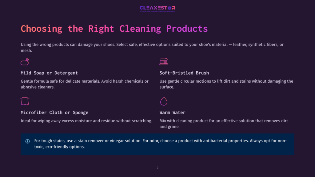 A Webpage About Choosing The Right Cleaning Products For Shoes, Featuring Illustrations Of Mild Soap, Soft-Bristled Brush, Microfiber Cloth, And Warm Water, With A Reminder To Use Non-Toxic, Eco-Friendly Options For Stains And Odors.