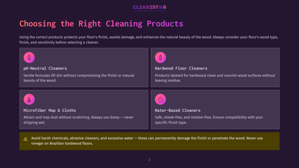 2 Choosing The Right Cleaning Products 2 Illustration Of Four Cleaning Product Categories For Wood Floors: Ph-Neutral Cleaners, Hardwood Floor Cleaners, Microfiber Mop &Amp; Cloths, And Water-Based Cleaners. Text Highlights Choosing The Right Cleaning Products For Wood Floors.