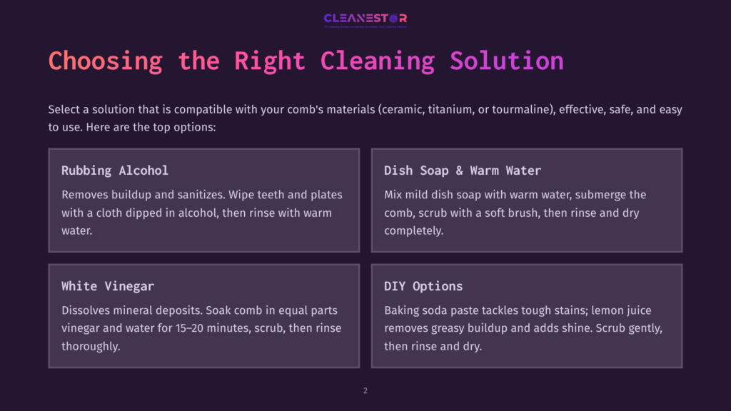Infographic Titled &Quot;Choosing The Right Cleaning Solution&Quot; With Four Panels Detailing Cleaning Methods For Combs: Rubbing Alcohol, Dish Soap &Amp; Warm Water, White Vinegar, And Diy Options Like Baking Soda Paste And Lemon Juice.