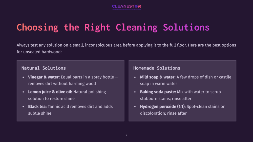 2 Choosing The Right Cleaning Solutions Two Columns Titled &Quot;Natural Solutions&Quot; And &Quot;Homemade Solutions&Quot; Detail Cleaning Recipes For Unsealed Hardwood Floors, Including Vinegar And Water, Lemon Juice And Olive Oil, Black Tea, Mild Soap And Water, Baking Soda Paste, And Hydrogen Peroxide.