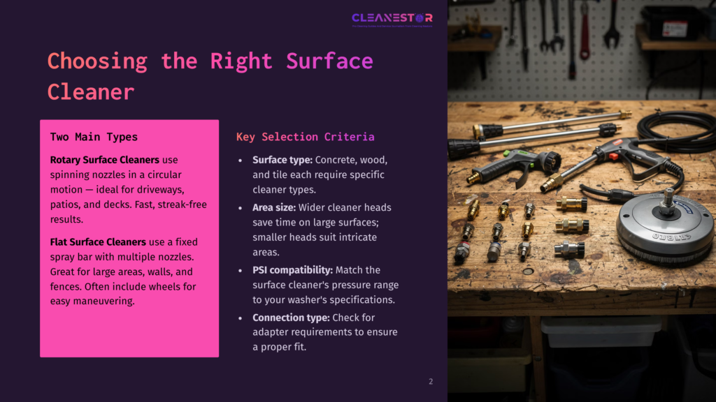 A Workbench Displays A Variety Of Pressure Washer Surface Cleaner Attachments, Nozzles, And A Pressure Washer Gun, With A Wooden Background And Tools Hanging Behind.