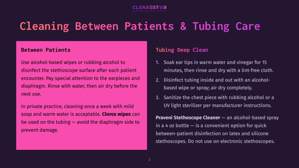 Slide Titled &Quot;Cleaning Between Patients &Amp; Tubing Care&Quot; With Instructions For Disinfecting Stethoscopes Using Alcohol-Based Wipes And Clorox Wipes, And Cleaning Tubing With Vinegar And Lint-Free Cloth.