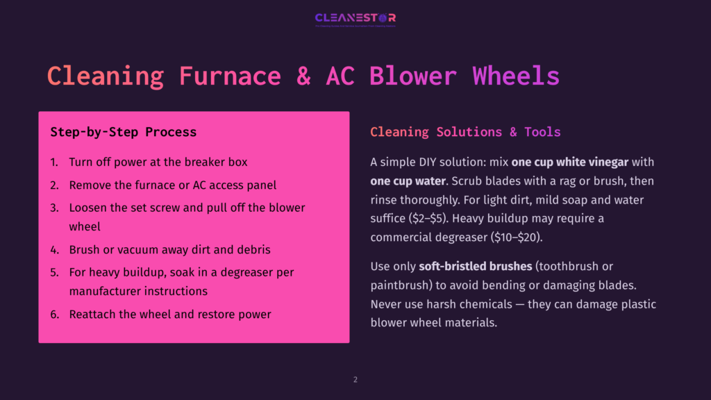 Infographic With Step-By-Step Instructions For Cleaning Furnace And Ac Blower Wheels, Featuring A Purple Background And White Text.