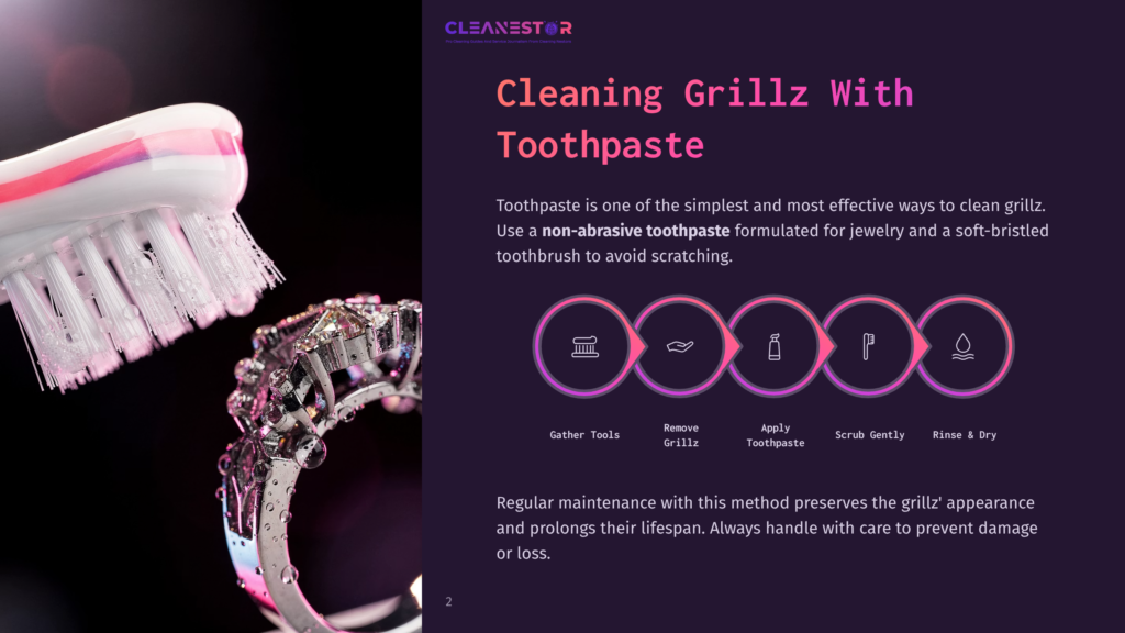 Close-Up Of A Toothbrush With Pink And White Bristles Next To A Sparkling Diamond Grillz Piece, With Text Overlay: &Quot;Cleaning Grillz With Toothpaste&Quot;.