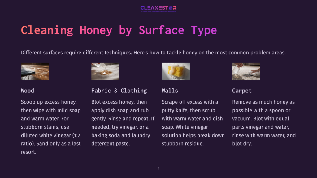 Infographic Titled &Quot;Cleaning Honey By Surface Type&Quot; From Cleanestor, Detailing How To Clean Honey From Wood, Fabric, Walls, And Carpet With Illustrated Examples.
